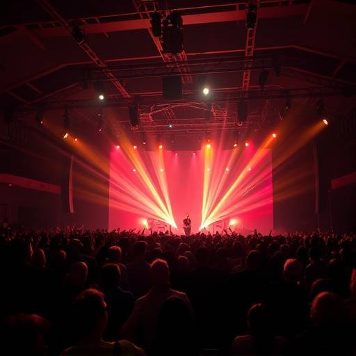 Photographie d'un concert de musique avec un éclairage spectaculaire et une foule enthousiaste.